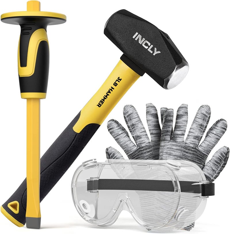 INCLY 4 PCS Geology Rock Pick Equipment Kit, 3 Pound Sledge Rock Hammer with 12" Mason Concrete Chisel, Safety Glasses, Gloves, Tool Set for Hounding, Gold Mining & Prospecting, Brick Stone Breaking - Image 1